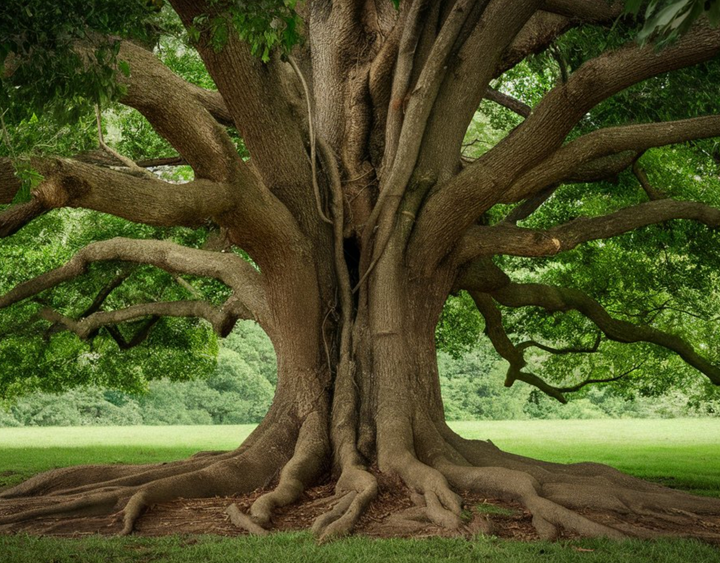 A massive, ancient tree with thick, sprawling branches and an extensive root system is shown. The tree stands in a lush, green field, with dense foliage and a forested area visible in the background under a clear sky.
