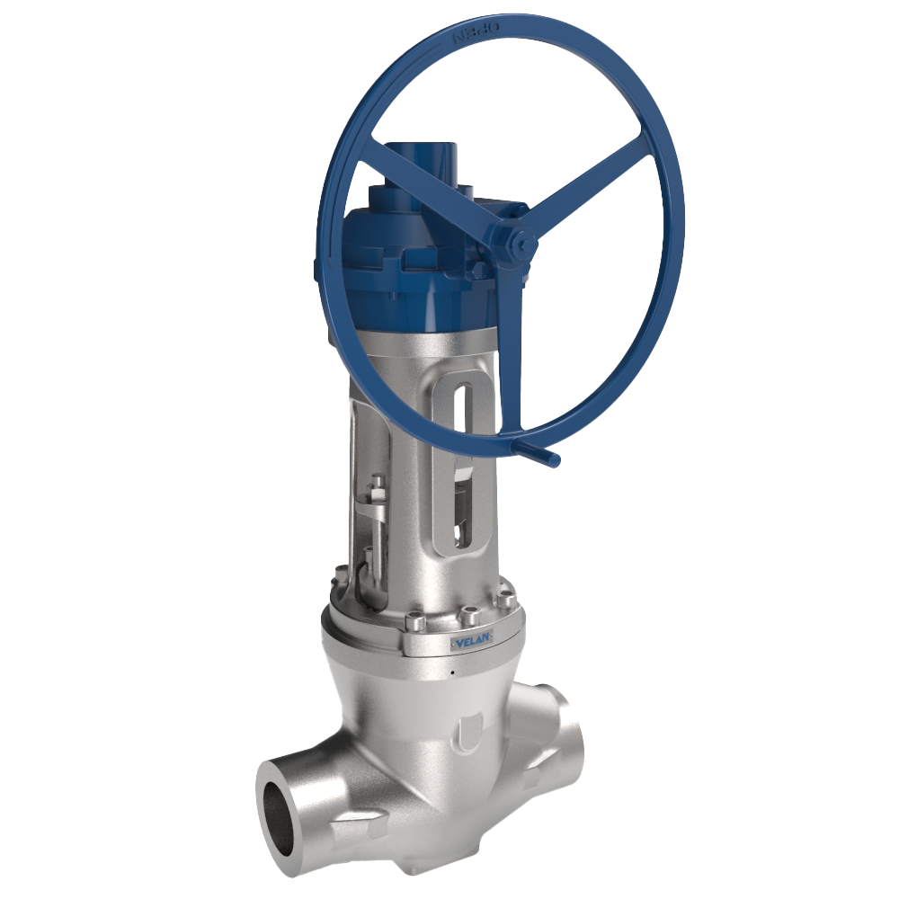 A silver industrial valve with a blue handwheel for manual operation. The valve body features several openings and structural components, indicating it is designed for managing fluid flow in a piping system.