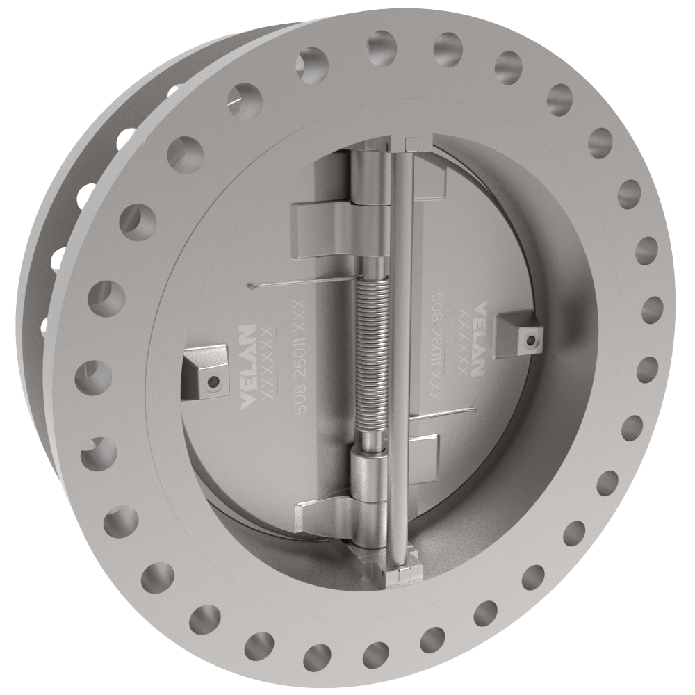A circular, metallic, industrial equipment component with multiple bolt holes along the outer edge and two hinged flaps inside. The component is marked with the brand logo "VELAN" and various specifications. The surface appears smooth and polished.